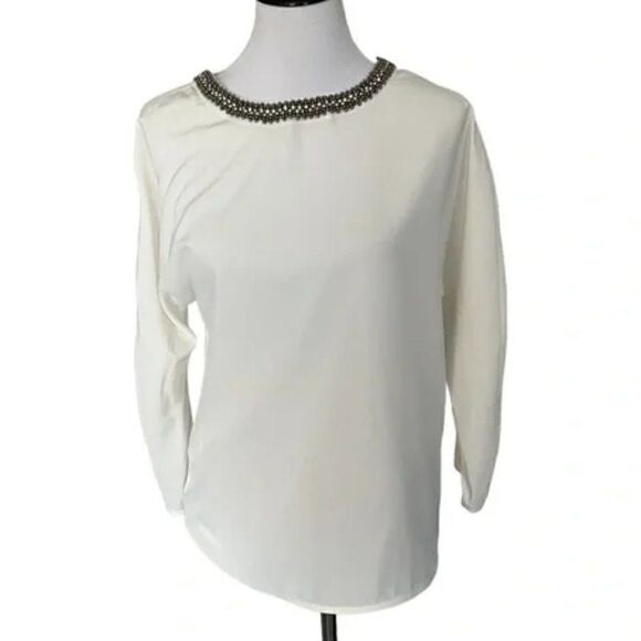 Ann Taylor Crew Jeweled Neck White Top Size M - Picture 1 of 5